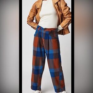 Free People Cass Slouch Trousers Blue and Brown Plaid Trousers